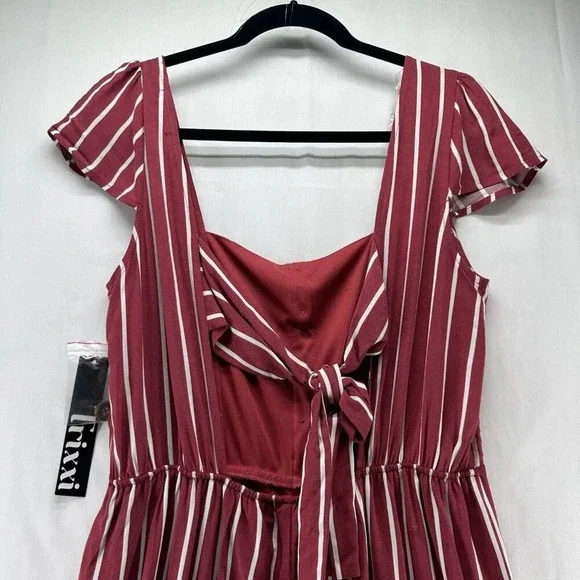 Trixx Dress Size XL A-Line Midi Striped Faux Button Front String Back Rayon Red - Picture 5 of 11
